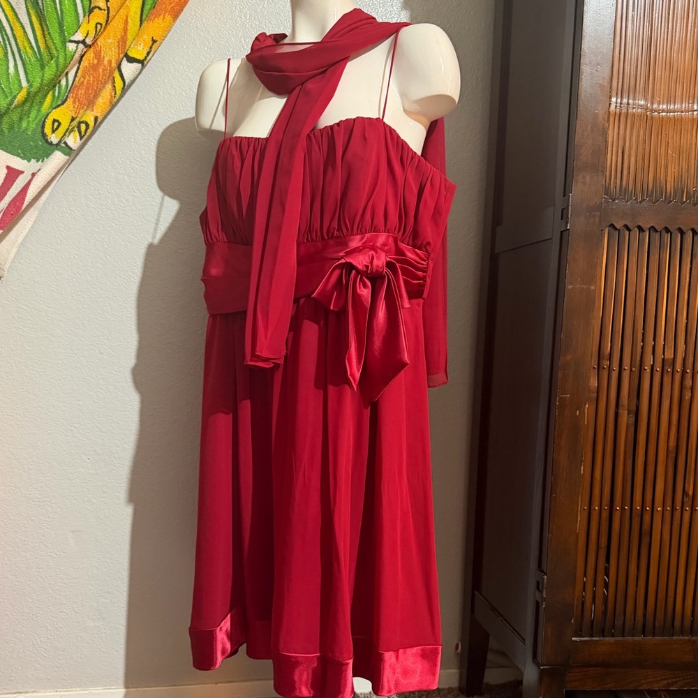 dollar prom 2000s 2X Deep Red Satin-Trim Dress with scarf Tie